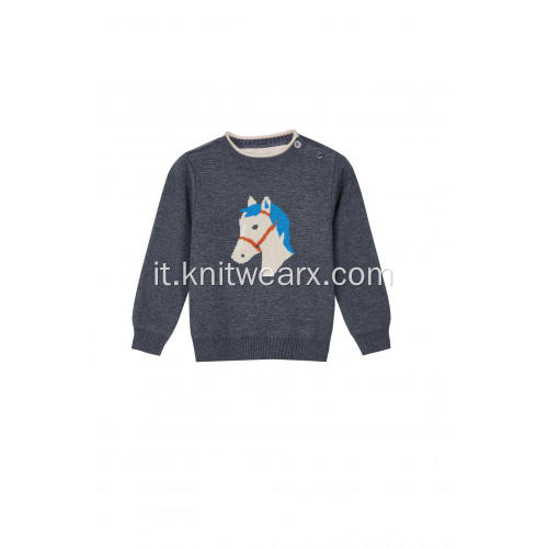 Pullover con spalle abbottonate in jacquard di cavallo lavorato a maglia da ragazzo